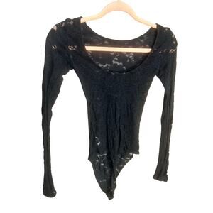 American Eagle Boho Floral Long Sleeve Bodysuit Black See Through XXS Grunge